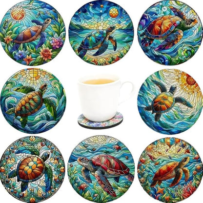 Wood Coasters Set of 8 - Handcrafted Drink Coaster Thick Heat-Resistant for Office, Bar, Farmhouse - Cute Turtle Drink Cup Coasters for Table Protection