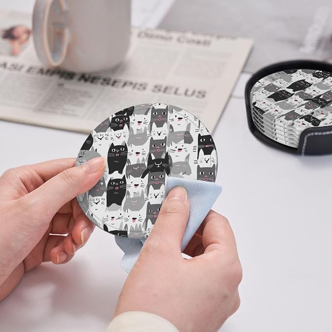 Cartoon Cute Cat Kitten Leather Coasters Set of 6 - Image 5