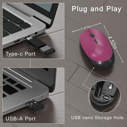 Colorful Wireless Computer Keyboard and Mouse Combo with Round Typewriter Keycaps, Retro Design, Power Switch, Ergonomic Design, 2.4GHz Wireless for Windows, Mac, PC（Black-Claret）