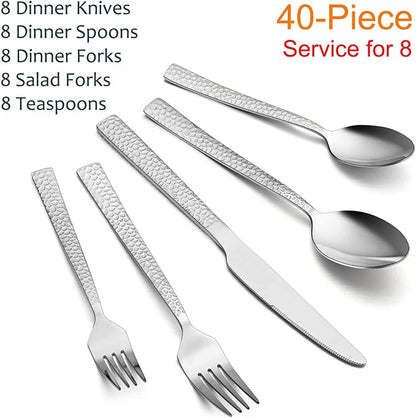 E-far Hammered Silverware Set for 8, Cutlery Set for Home, Mirror Polished & - Image 2