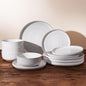 Stoneware Dinnerware Sets, Plate and Bowl Sets for 4, 12 Pieces Spiral Flared Dishware with Speckles and Reactive Glaze, Microwave Dishwasher Safe Family Tableware, White