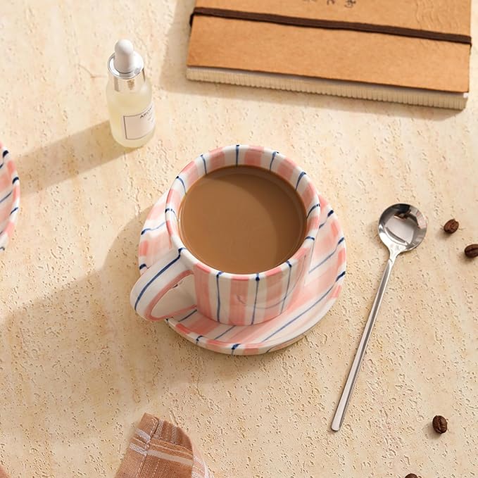 Hand-Painted Ceramic Coffee Mug and Saucer Set, 8 oz Artisan Striped Porcelain - Image 5