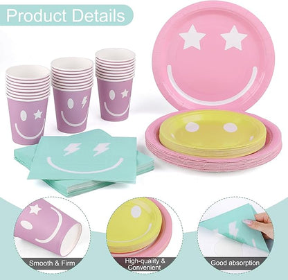 Kochorie 96 Piece Preppy Smiley Face Party Paper Plates Preppy Smile Face Party Decorations Preppy Tableware Set Paper Smile Face Plates Cups Napkins Cutlery Serve 24 Guest for Birthday or Baby Shower