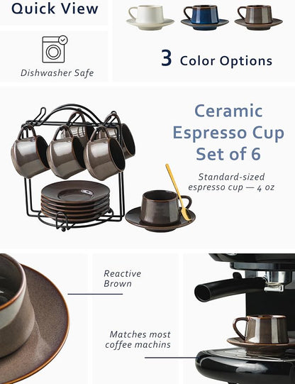 YHOSSEUN Espresso Cups 4 Oz, Porcelain Expresso Shots Cup Set of 6, Metal Stand - Image 2