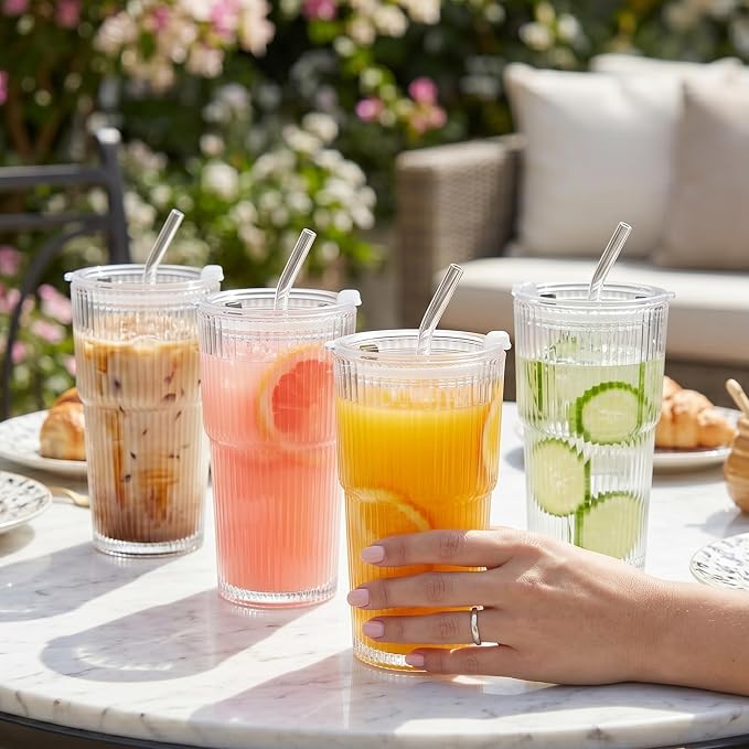 Wells 20oz Glass Cups with Lids and Straws, Ribbed Iced Coffee Cups, Thickened - Image 4