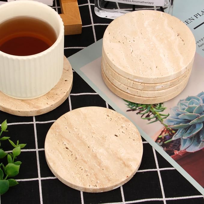 Natural Travertine Coasters Set of 4, 4 inch Round Stone | Stone Coasters - Image 9