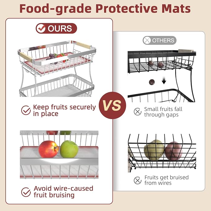 2-Tier Fruit Basket with Banana Hangers, Detachable Metal Bowl | Wooden handle - Image 5