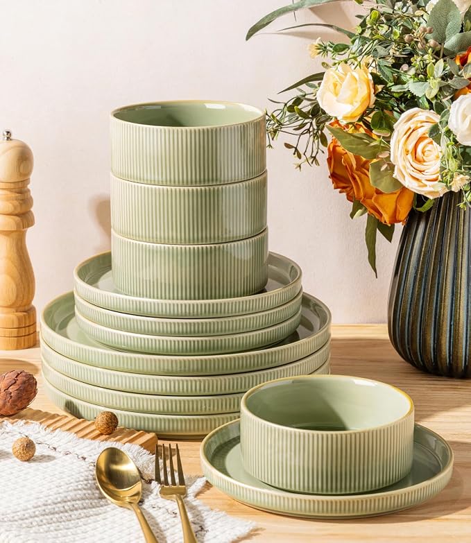 Ceramic Dinnerware Set for 4, 12-Piece Plates and Bowls Set | Lightweight - Image 7
