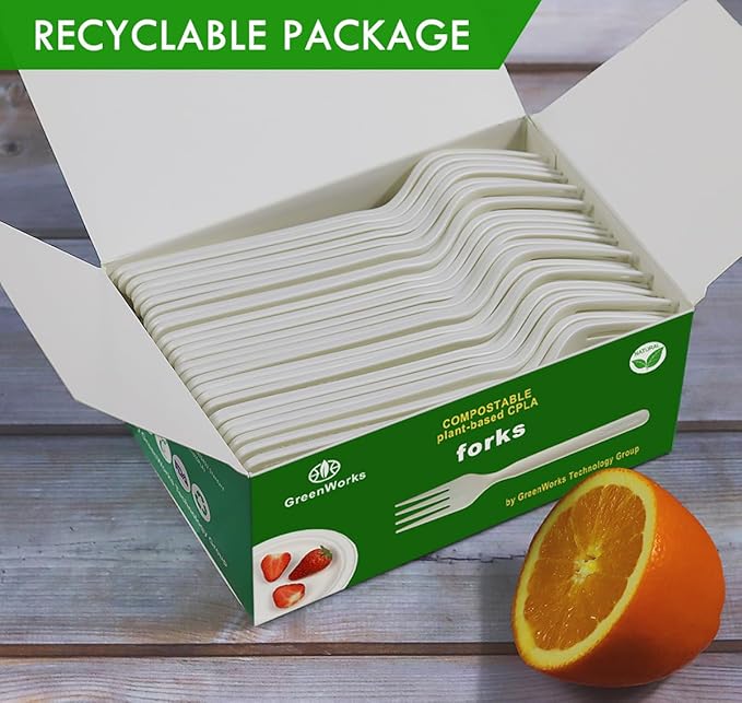 GreenWorks Heavy-duty Compostable Forks, BPI Certified 100 Count Large Disposable Cutlery Utensils Silverware Flatware Fork