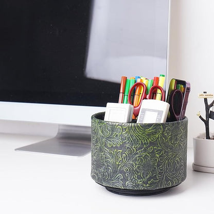 lizimandu Round Leather Art Supply Organizer,Remote Control Holder,360 Degree Spinning,Multi-Functional Pencil Holder,4 Compartments Desktop Stationary Organizer(1-Carved Metal Green2)