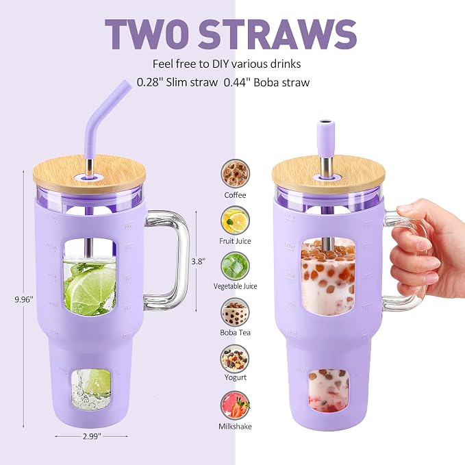 WINSA Glass Tumbler with Straw and Lid, 40 oz, Glass Water Bottles with Time - Image 4