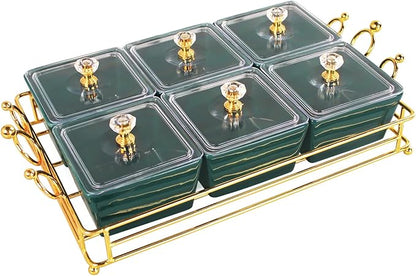 YA JU Ceramic Bowls and with Lid Gold Basket Trays, 6 Removable Small Bowls Condiment Trays Nut Serving Set for Snacks, Fruits, Candy and Condiments - Great for Parties, Holiday Gifts, Green