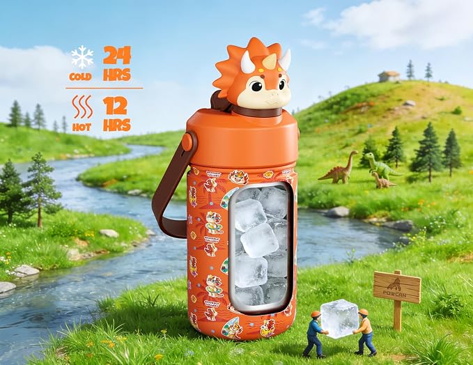 POWCAN 12 oz Kids Water Bottle Insulated: 2-in-1 Straw Spout Lid - Image 2