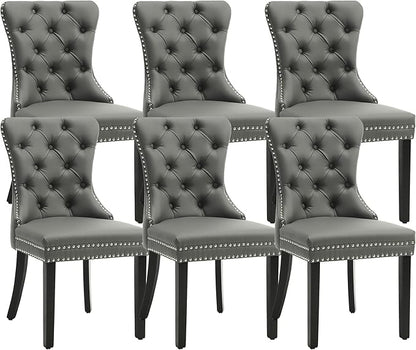 KCC Faux Leather Dining Chairs Set of 6, Upholstered High-end Tufted Dining Room Chair with Nailhead Back Ring Pull Trim Solid Wood Legs, Contemporary Nikki Collection Modern Style for Kitchen, Gray