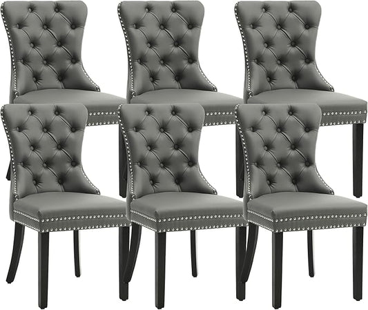 KCC Faux Leather Dining Chairs Set of 6, Upholstered High-end Tufted Dining Room Chair with Nailhead Back Ring Pull Trim Solid Wood Legs, Contemporary Nikki Collection Modern Style for Kitchen, Gray