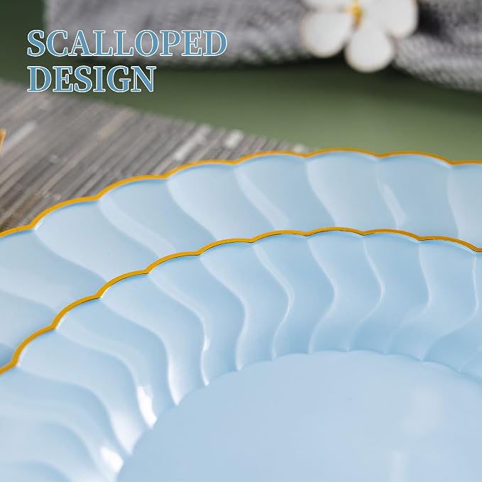 Lullaby 60PCS Light Blue Scalloped Plastic Plates - Image 3