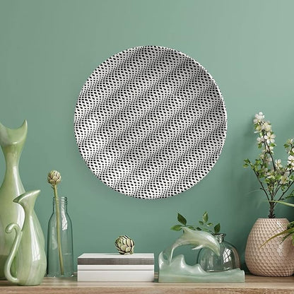 Decorative Plates, Abstract Print Ornament, Wavy Rhombus Abstract Modern Monochrome Decor, 10 Inch, 1 Plate with 1 Display Stand, Black White