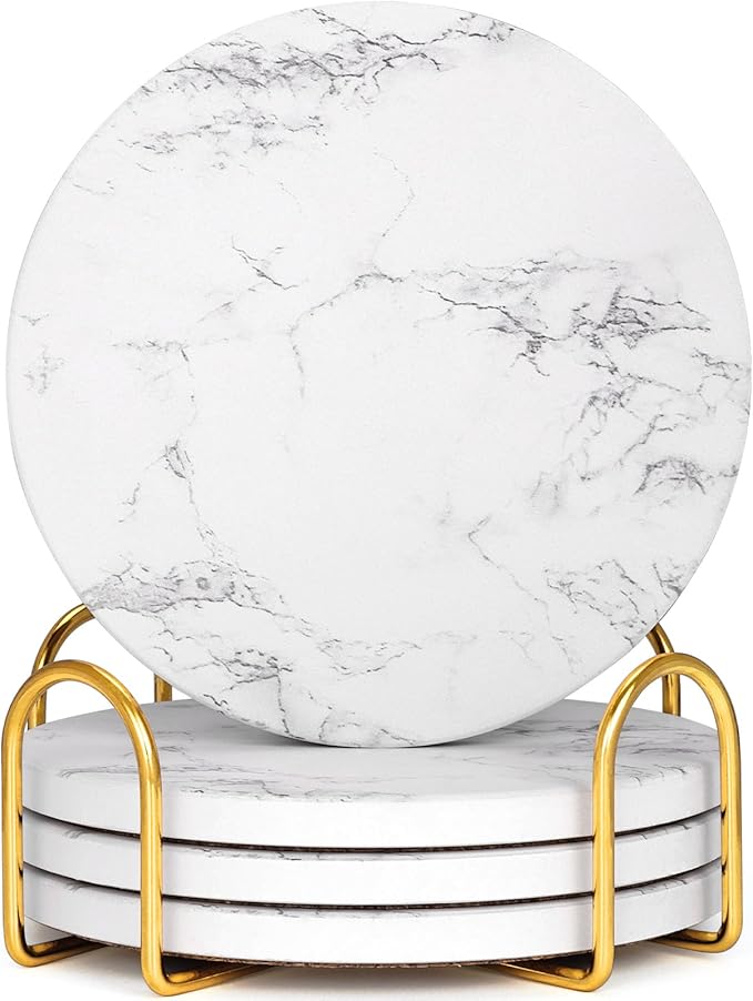 Absorbent Ceramic Coasters Set of 4, Modern Marble Style Drink Coasters | 4 by GOHDODD