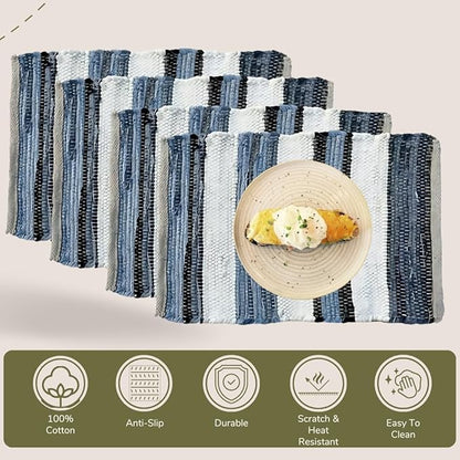 Perilla Home Natural Chindi Jute Placemats Set of 4 Vintage Boho 13x19 Inch Table Mats for Kitchen Dining Home Decor Rectangle Printed Rustic Placemat (Nagiso)