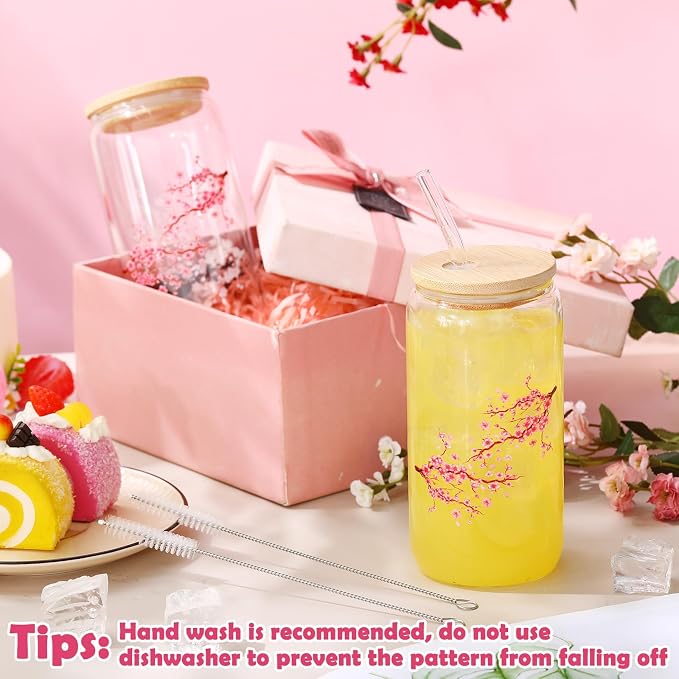Sliner 2 Pcs Cherry Blossom Glass Cups Floral Drinking Glasses Sakura Iced - Image 2
