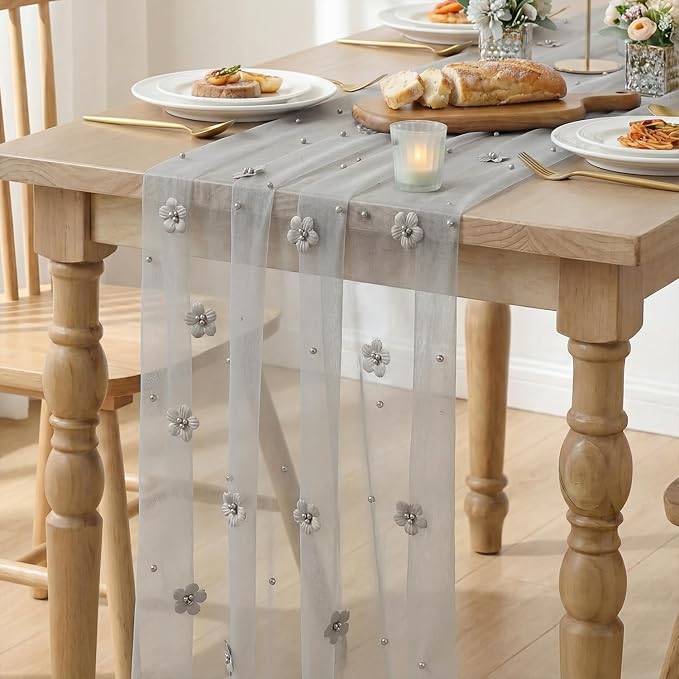 Artoid Mode Gray Flower Pearl Gray Gauze Table Runner 10FT, Seasonal Sheer - Image 6