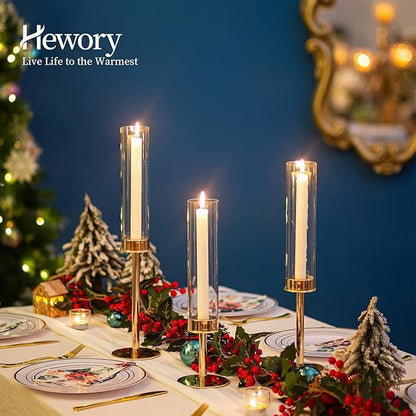 Hewory Gold Candle Holders Hurricane Candlestick Holders, 12Pcs Candle Stick Candle Holder Candelabra, Taper Candle Holders with Glass Candle Cover for Wedding Table Centerpiece Christmas Decor