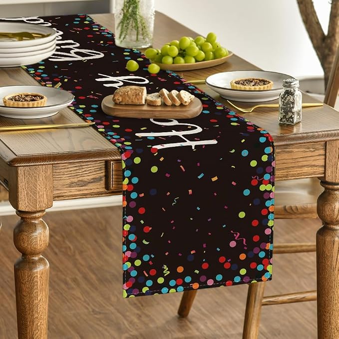 Artoid Mode Polka Dot Black Happy Birthday Table Runner, Seasonal Kitchen - Image 3