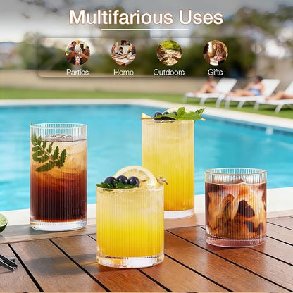 Drinking Water Glass Cups Set, Crystal Clear ribbed Glass set of 8, 17oz&12oz | - Image 5