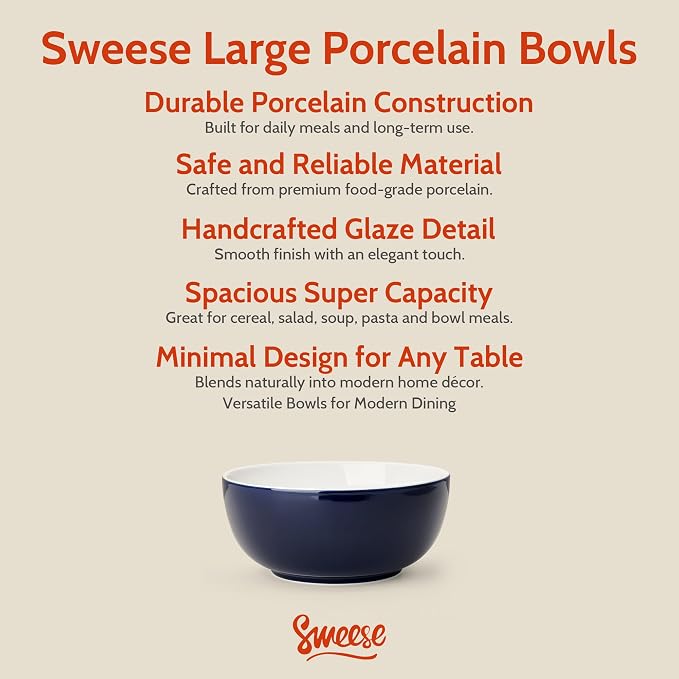 Sweese 24 oz Ceramic Cereal Bowl Set of 4, Round Serving Bowl - Image 8