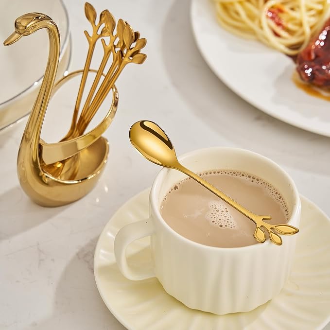 AnSaw Gold Swan Base With 10-Pcs Mini Leaf Coffee Spoon Holder Set - Image 9