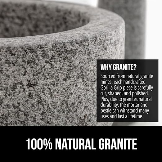 GORILLA GRIP Heavy Duty XL Mortar and Pestle Set with Slip Resistant Base, 4 Cup, 100% Granite Stone Molcajete Guacamole Bowl, Grind Seeds, Spices, Crush Garlic, Kitchen Muddler for Fresh Herbs, Gray