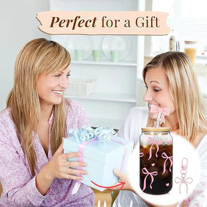 Mason Life Coquette Pink Glass Cups 18OZ Cute Bow Tumbler Glass Cup with Keychain and Straw Cover Valentines Day Galentines Gift for Iced Coffee Smoothie Cocktail Matcha Teen Girls Preppy Stuff