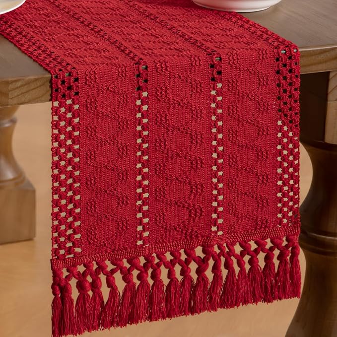 MLMW Boho Red Table Runner Farmhouse Burlap Small Table Runner Dresser Runner | by MLMW