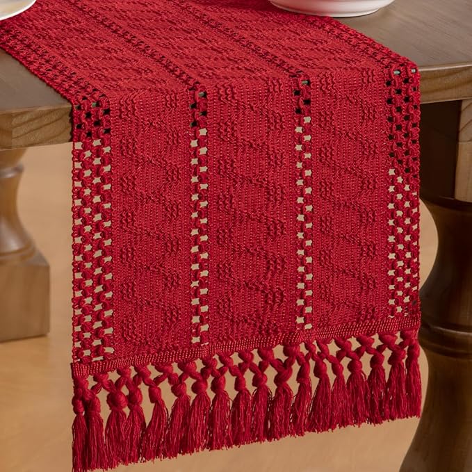 MLMW Boho Red Table Runner Farmhouse Burlap Small Table Runner Dresser Runner | by MLMW