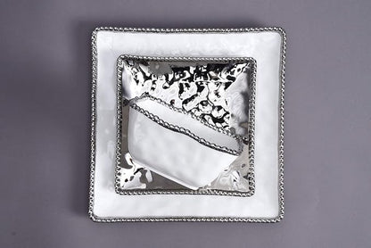 Pampa Bay Set The Table Square Cereal/Soup Bowl, 6 × 6 × 2.75 in, White and Silver