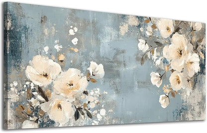 ADJUVANT Wall Art Vintage Floral 40" L x 20" W, Creamy Flowers On Distressed Blue Background Canvas Painting Blossoms Artwork Prints Floral Wall Decor for Living Room Bedroom Dining Room Home Office