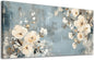 ADJUVANT Wall Art Vintage Floral 40" L x 20" W, Creamy Flowers On Distressed Blue Background Canvas Painting Blossoms Artwork Prints Floral Wall Decor for Living Room Bedroom Dining Room Home Office