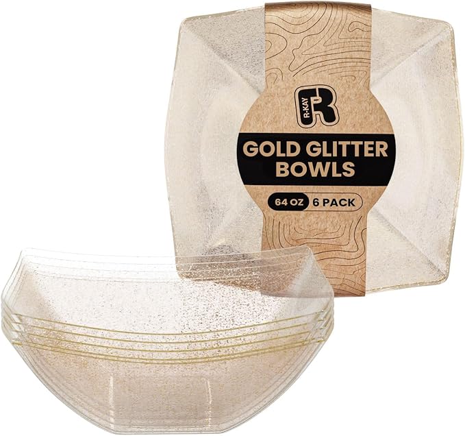 R-kay 6 Pack Plastic Serving Bowls - 64 OZ Gold Glitter Bowls - Salad Bowls by R-KAY