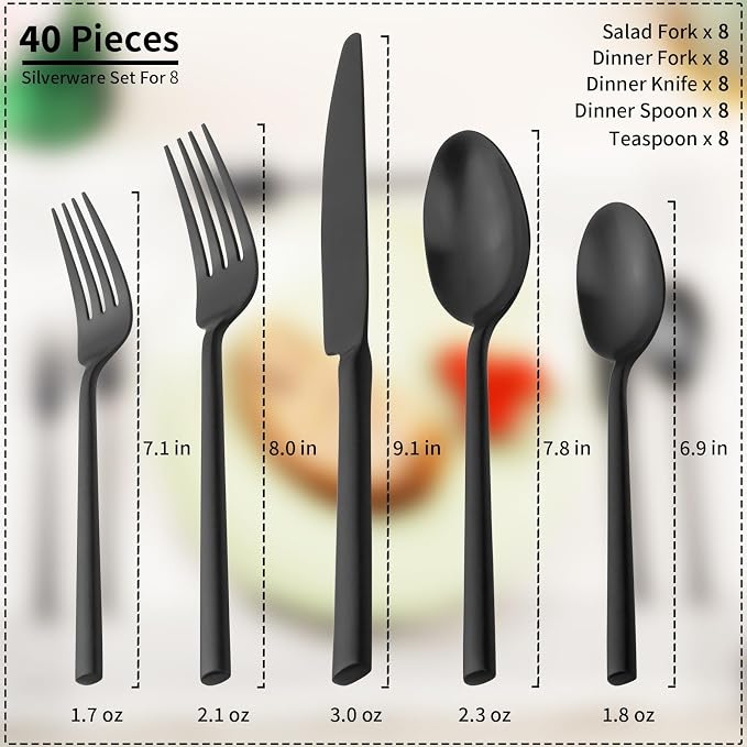 Alata Potter Black 40-Piece Forged Silverware Set, Service - Image 3