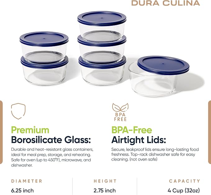 12-Piece Glass Food Storage Containers Set | 4-Cup, Leakproof | Microwave - Image 2