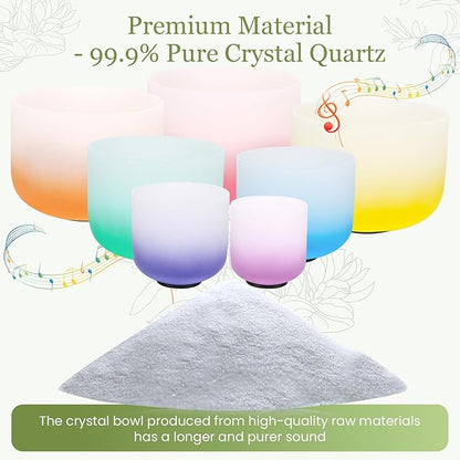 432HZ 6-12 Inch 7 Pcs Gradient Frosted Crystal Singing Bowl Set for Meditation Healing Yoga Chakra Quartz Crystal Sound Bowls with Heavy Duty Carry Cases and Rubber Mallet,Suede Striker,O-rings