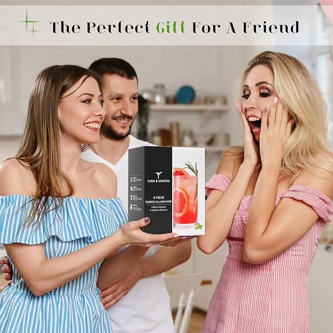 Ribbed Drinking Glasses Cups Set of 8 Large Capacity Highball 17oz&12oz | Rocks - Image 6