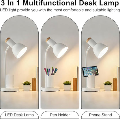 WLHONG LED Desk Lamp, Table Lamps with Pen Holder, 3 Color Modes Eye-Caring Reading Light with Flexible Gooseneck, Study Lamp for Kids Bedside Home Office Room College Dorm Essentials (White)