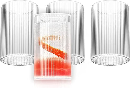 LEMONSODA Vintage Straight Line Highball Cocktail Drinking Glasses and Tumblers 10oz, 12oz (12 oz, Set of 4) [2072]