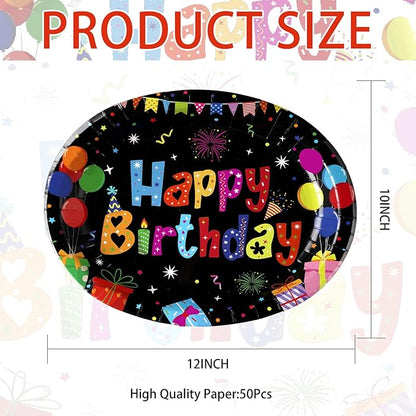 50 Pcs Happy Birthday Oval Paper Plates 10"x12" Large Colorful Black Birthday Plates Disposable Heavy Duty Birthday Theme Party Plates Happy Birthday Party Supplies for Boys Girls Birthday Party Decor