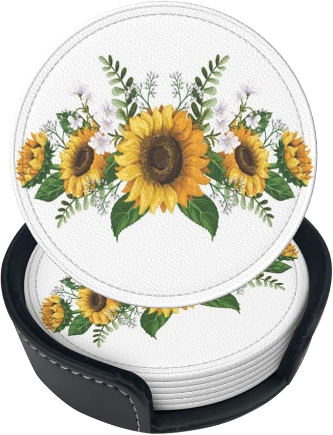 6 Pcs Sunflower Floral Leather Coasters by NiuKom