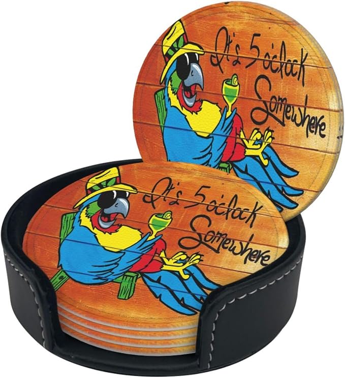 It's 5 O'Clock Somewhere Coasters Set of 6 Pu Leather Drinks Coaster - Image 3