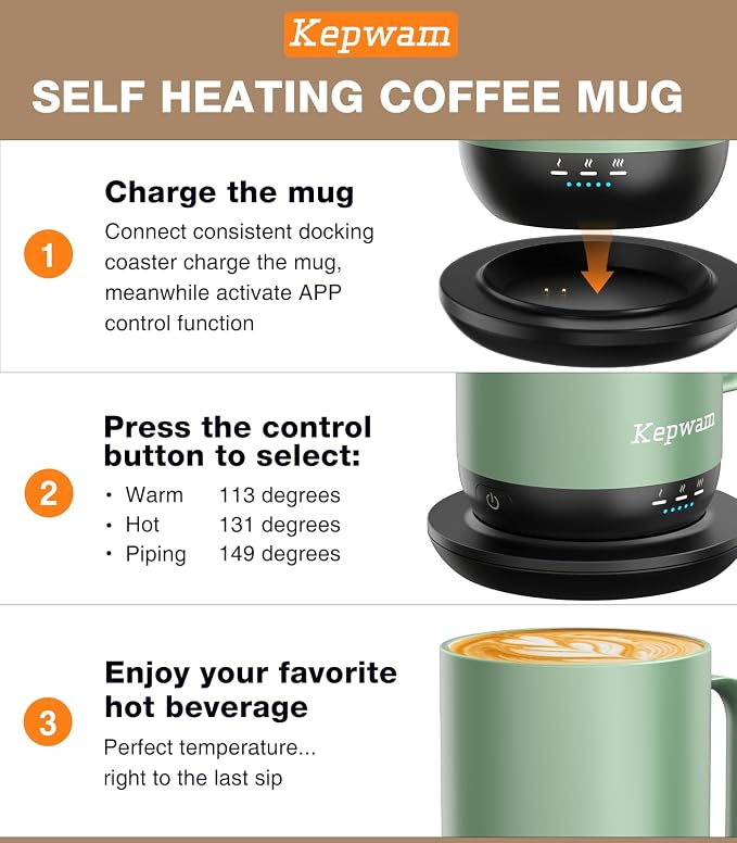 Kepwam Self-Heating Coffee Mug T1, 16oz Rechargeable Heated Coffee Mug - Image 3