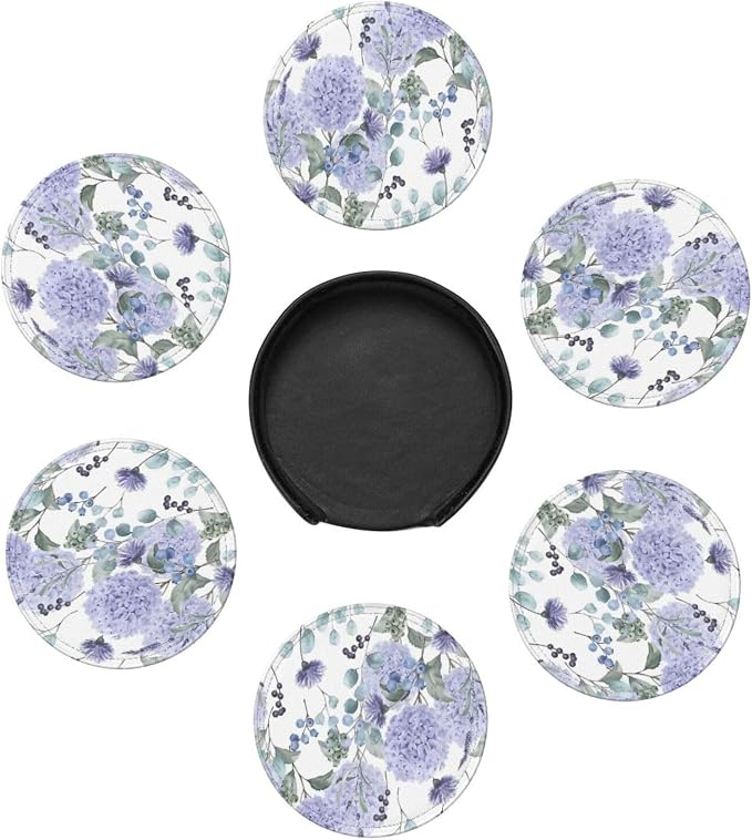 6 Pcs Blue Purple Hydrangea Flower Leather Coasters - Image 7