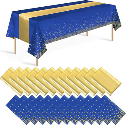 24 Pack Blue and Gold Tablecloth and Table Runner Party Decorations, Royal Blue by Zachely